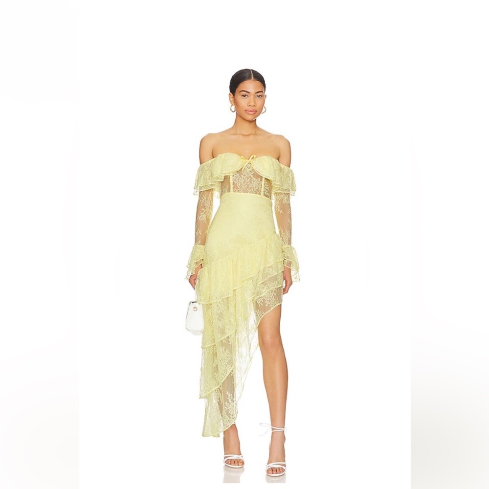 Majorelle Maddalena Lace Corset Off the Shoulder Asymmetric Ruffle Gown Yellow